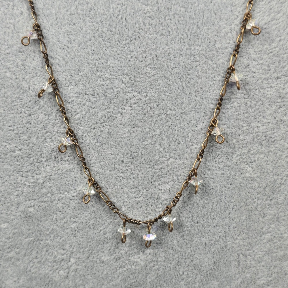 Pididdly Links Vintage Brass Tone Iridescent Crystal Dangle Necklace 24" READ